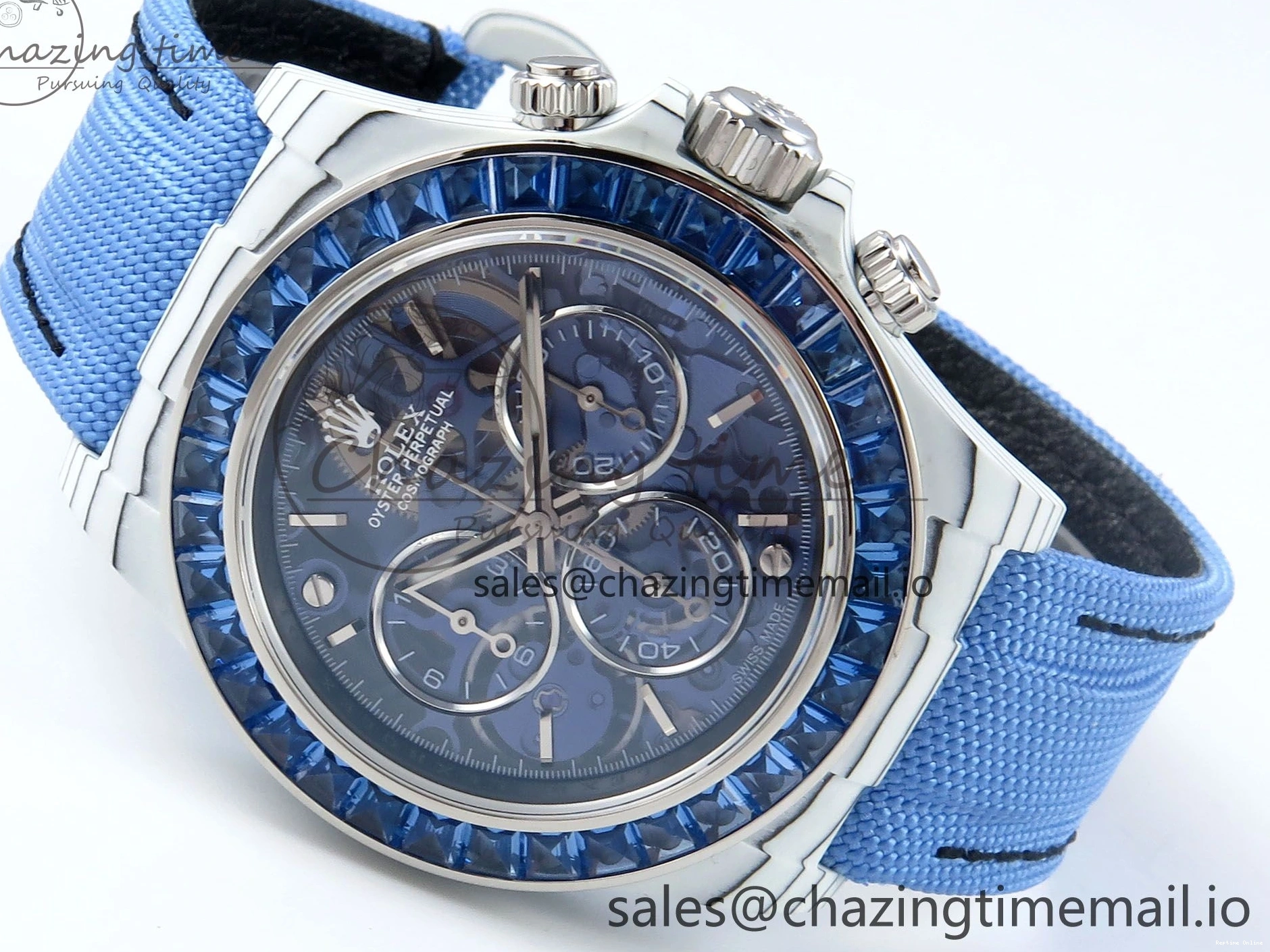 0501 Daytona ZIF REMOULD White Carbon GETF Best Edition Blue Skeleton Dial Blue Diamonds Bezel on Blue Nylon Strap DD Fashionable 366